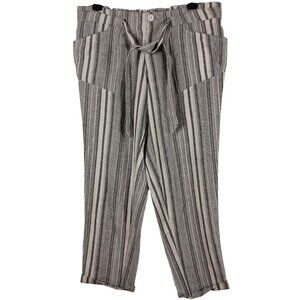 Striped Cropped Pants Womens 7 Linen Blend Boho Tie Waist Coastal Loungewear